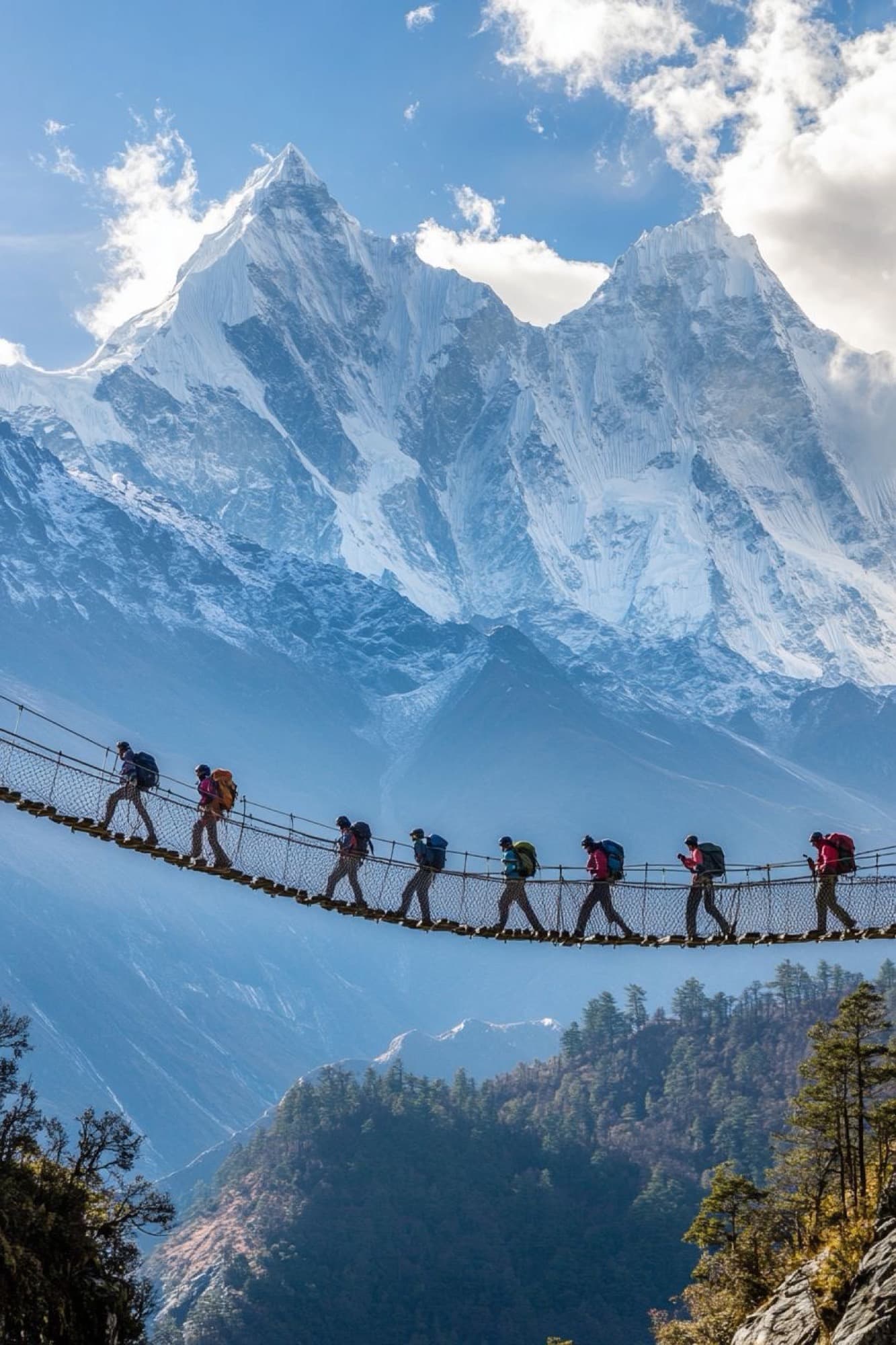 Trekkers crossing a suspension bridge with Ama Dablam in the background