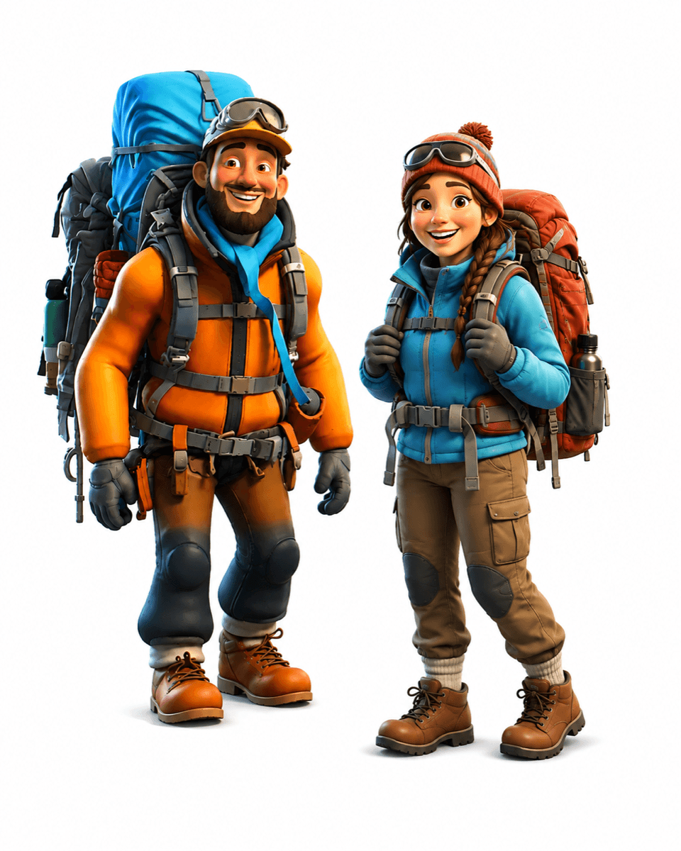 Illustrated pair of trekkers with backpacks